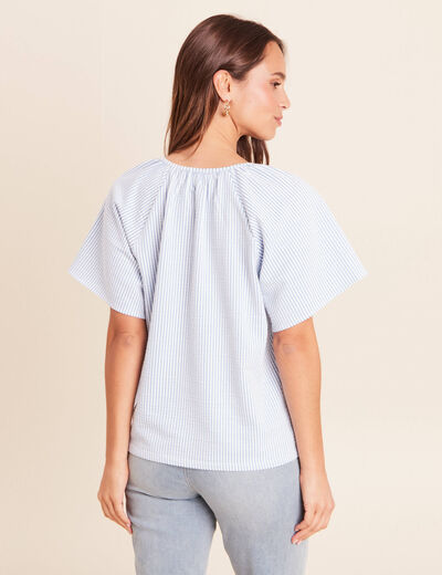 Blouse courte bas resserr&eacute; bleu femme