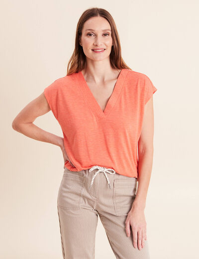 T-shirt col v manches courtes orange fluo femme