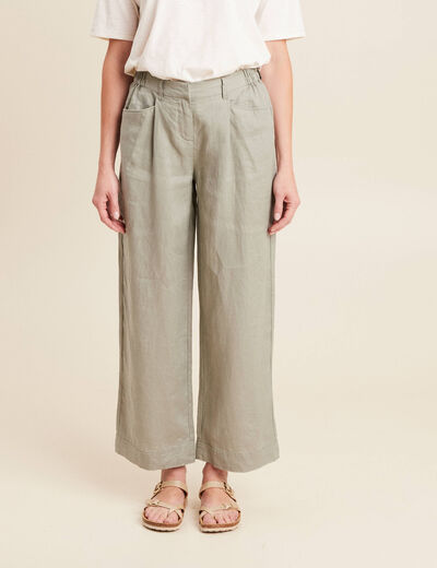 Pantalon droit 7/8ème en lin vert clair femme