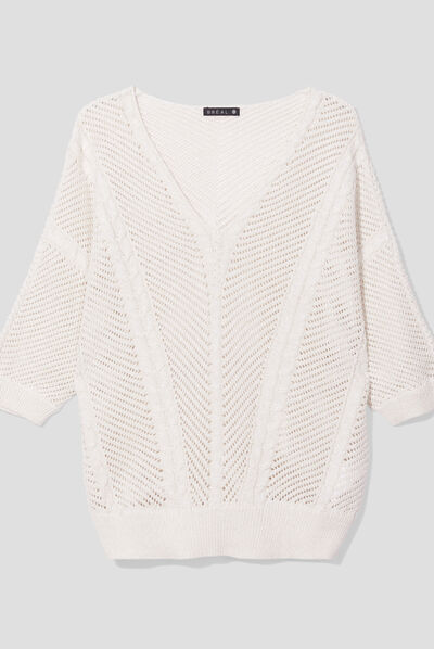 Pull manches 3/4 ajouré ecru femme