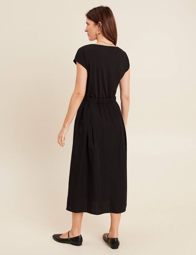 Robe longue évasée bi-matière noir femme