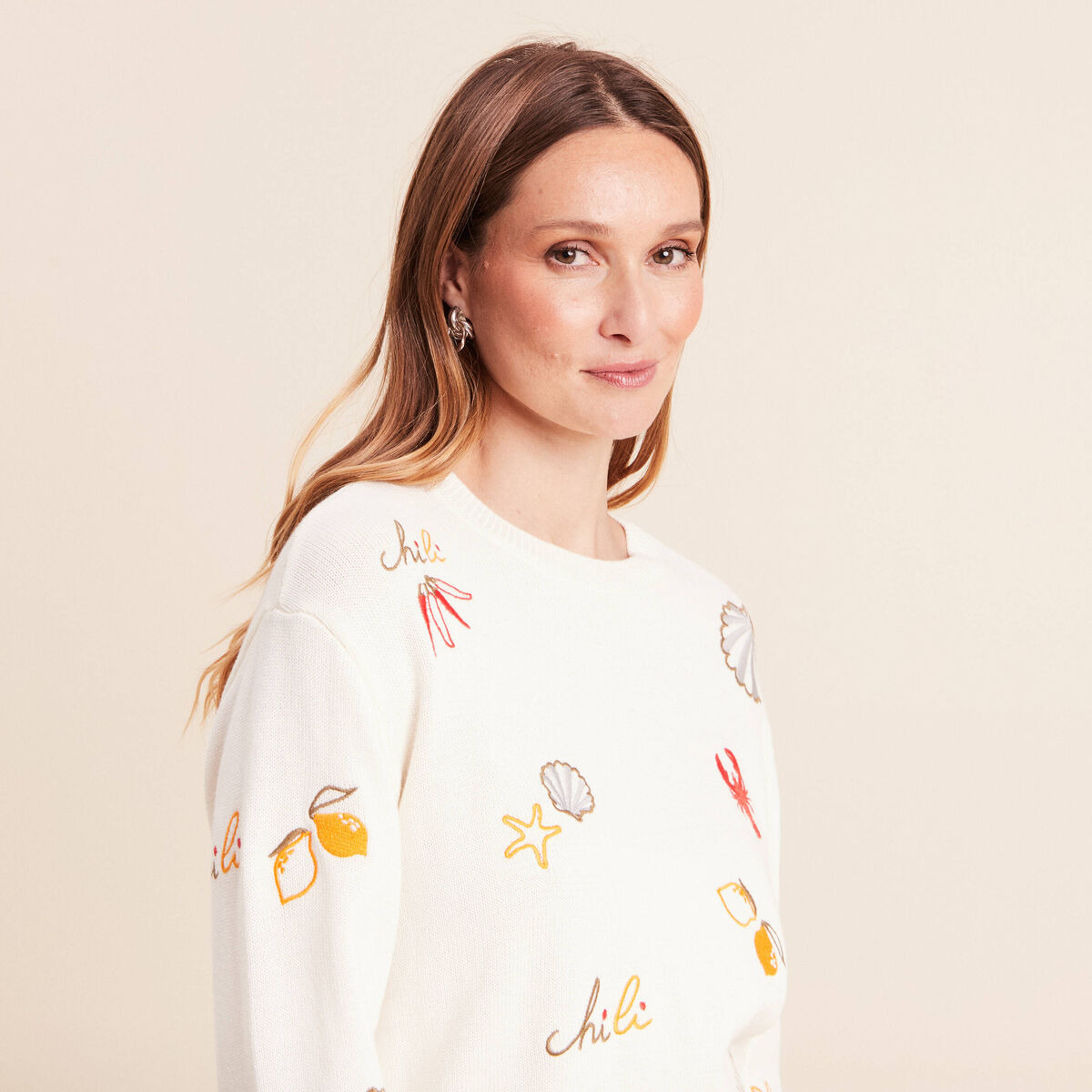 Pull col rond manches longues rouge femme