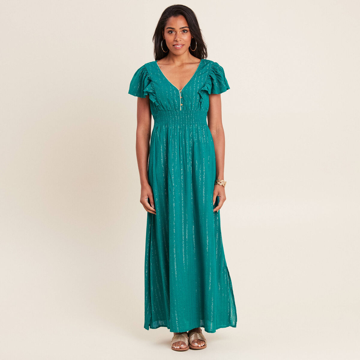 Robe longue droite fluide vert canard femme