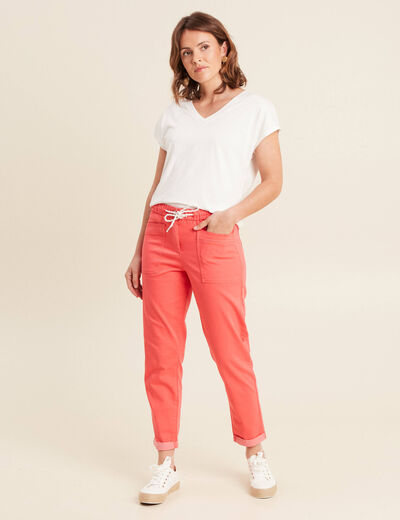 Pantalon coupe mom 7/8&egrave;me rouge corail femme