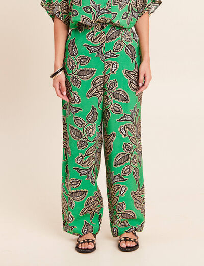 Pantalon large taille haute vert femme
