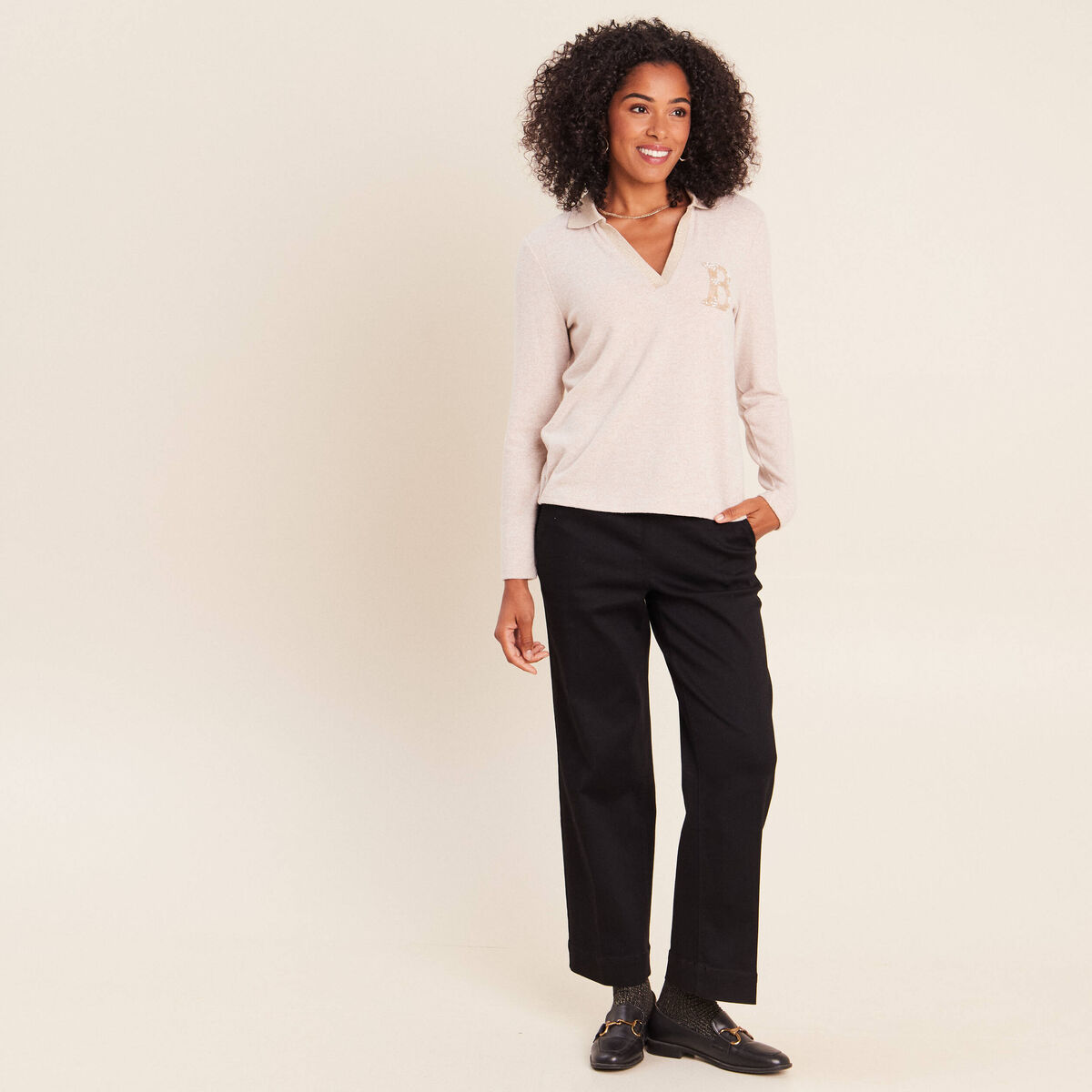 Polo manches longues col chemise brod&eacute; creme femme