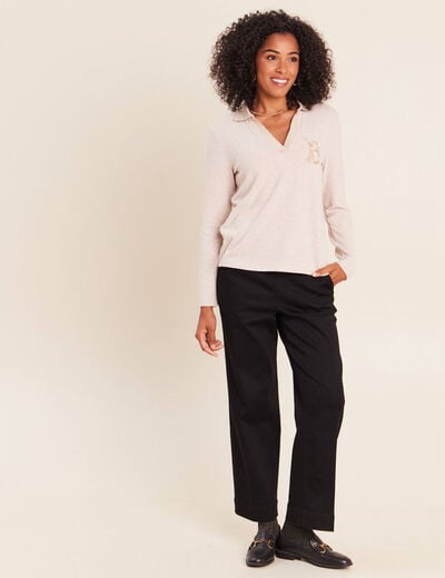 Polo manches longues col chemise brod&eacute; creme femme