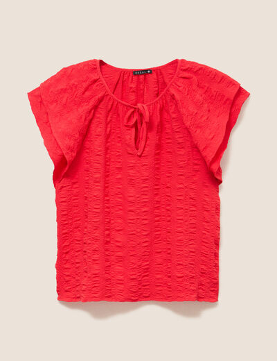 Blouse col v manches courtes fluide rouge femme