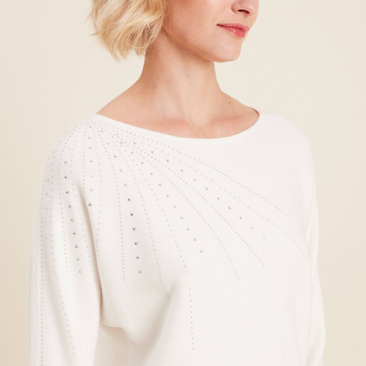 Pull manches longues strass ecru femme