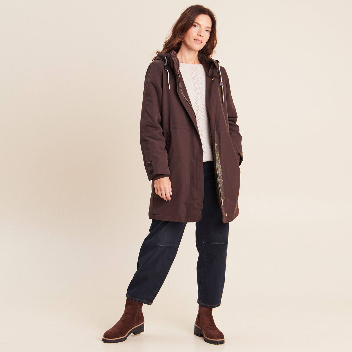 Parka &agrave; capuche taille ajustable marron fonc&eacute; femme