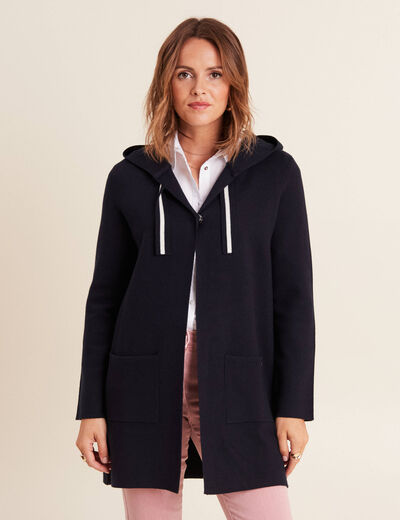 Gilet long à capuche bleu foncé femme