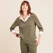 T-shirt col chemise manches 3/4 vert kaki femme