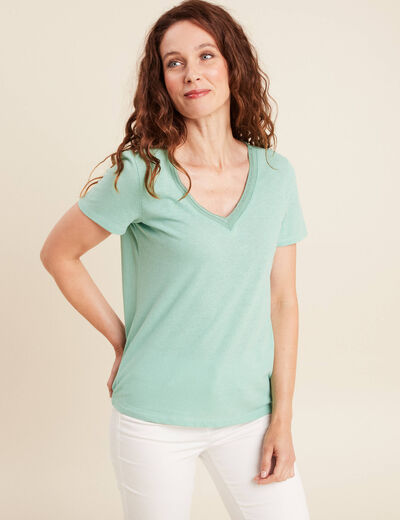 T-shirt manches courtes col en V vert clair femme