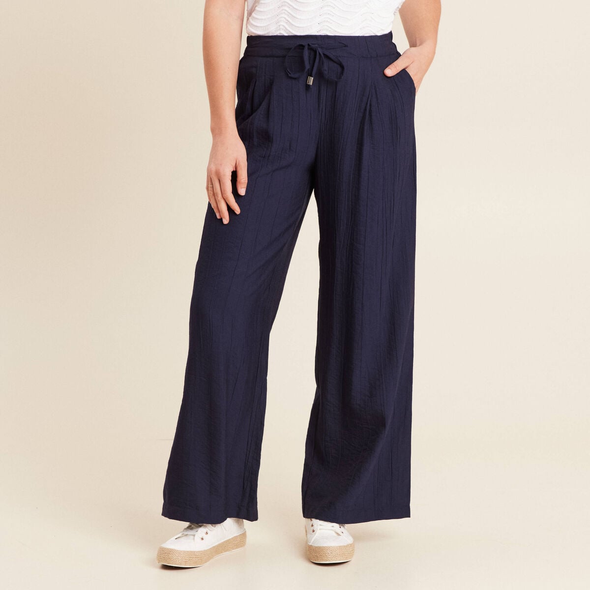 Pantalon fluide taille haute bleu marine femme