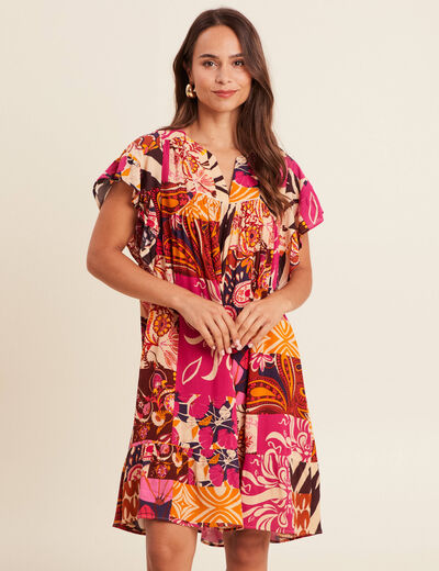 Robe courte évasée col tunisien rose femme
