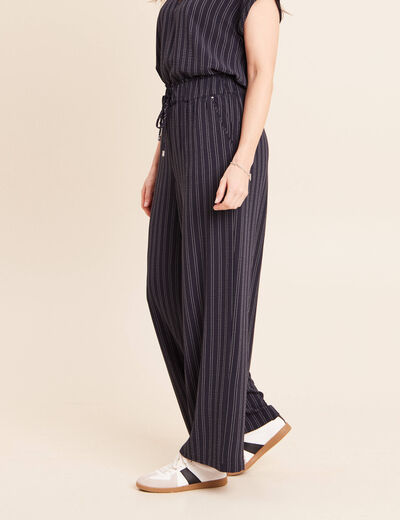 Pantalon large taille haute bleu femme