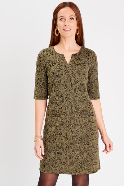 Robe droite manches courtes vert kaki femme