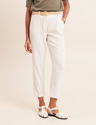 Pantalon large 7/8&egrave;me taille bascul&eacute;e beige femme