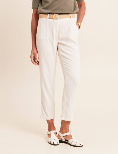 Pantalon large 7/8&egrave;me taille bascul&eacute;e beige femme