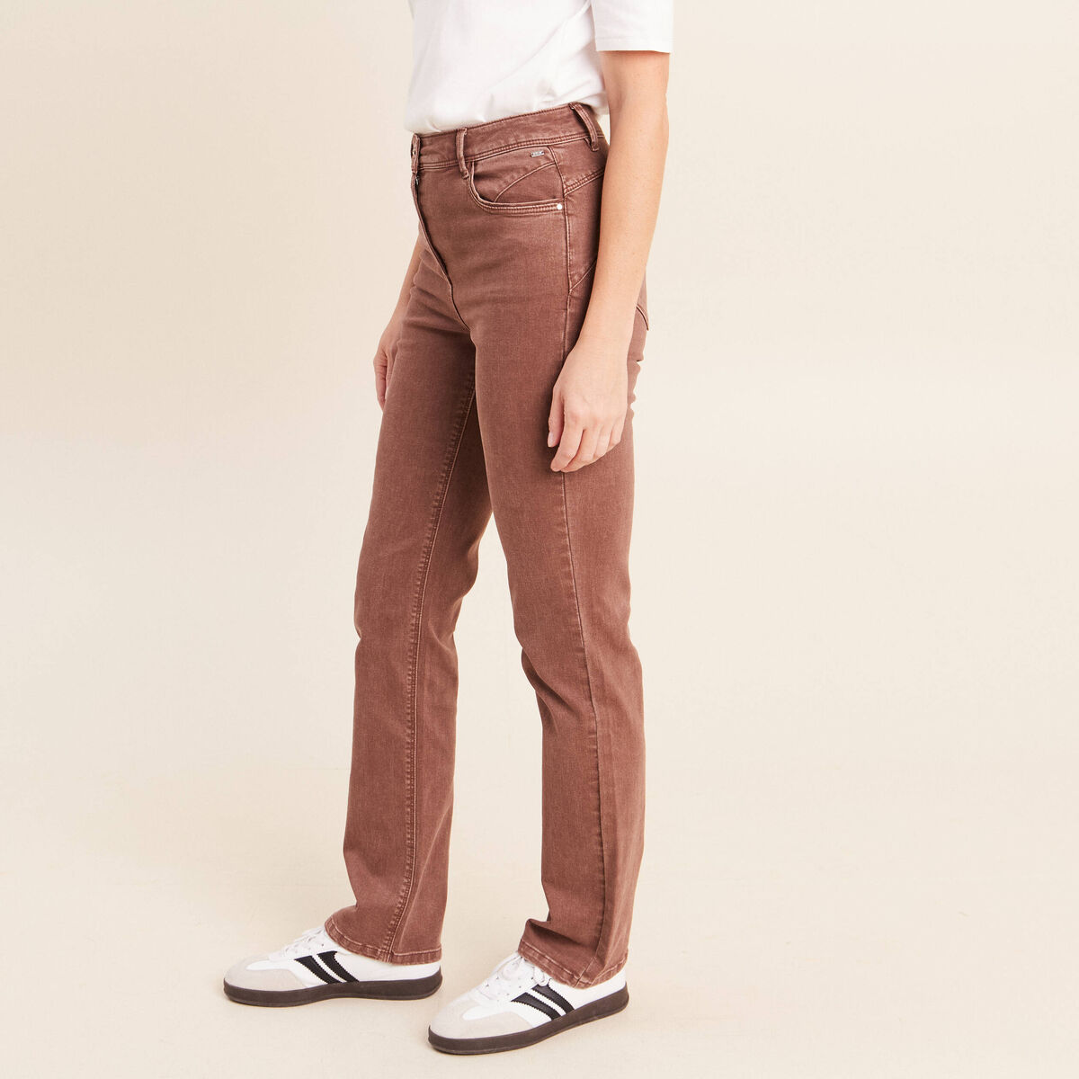 Jean coupe droite taille haute marron clair femme