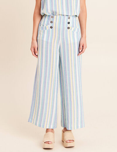 Pantalon large 7/8&egrave;me taille haute bleu femme