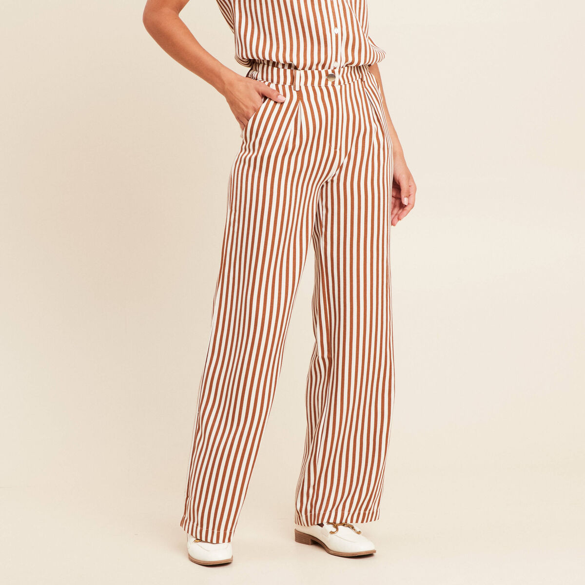 Pantalon large taille haute blanc femme