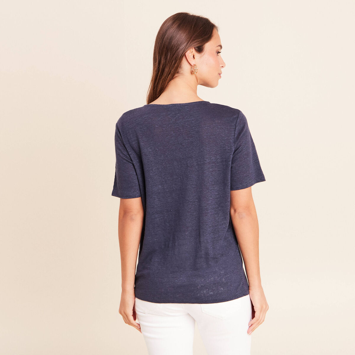 T-shirt droit col rond manches courtes bleu marine femme