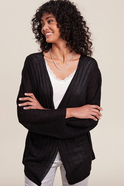 Gilet style kimono ceinturé noir femme