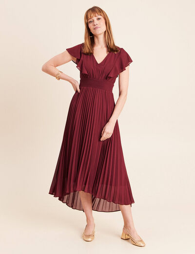 Robe longue &eacute;vas&eacute;e &agrave; volants prune femme