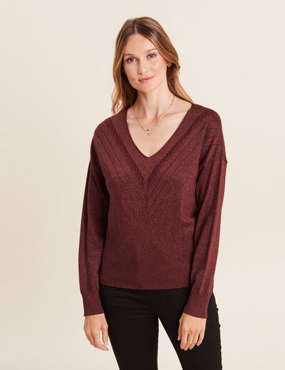 Pull manches longues col en V couleur cuivre femme