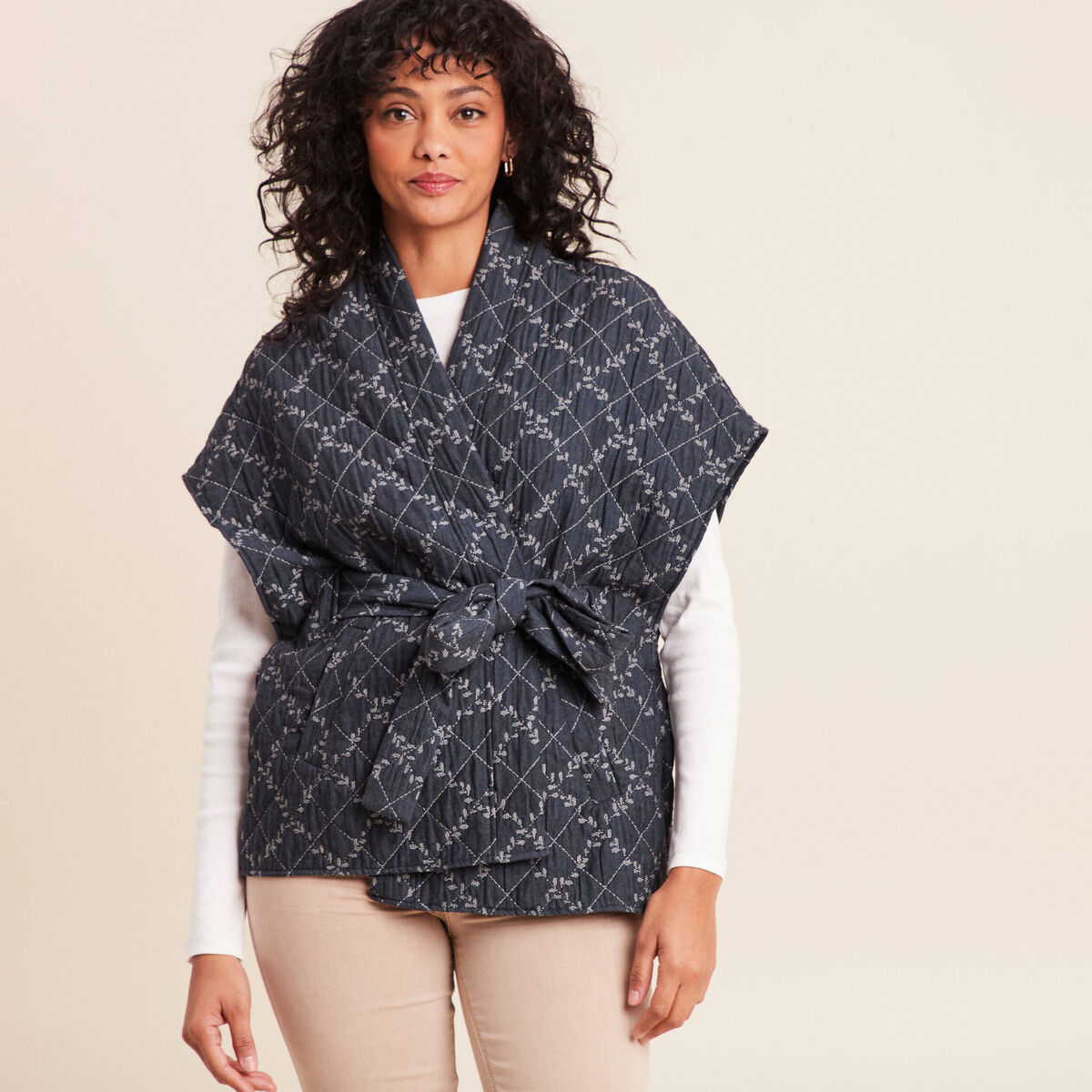 Kimono ceintur&eacute; denim stone femme
