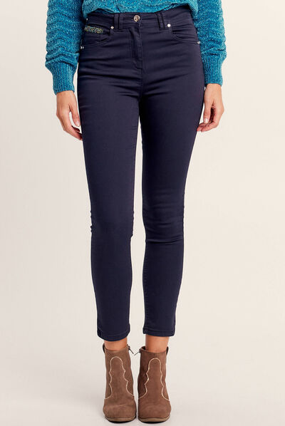 Pantalon ajusté détails bijoux bleu foncé femme
