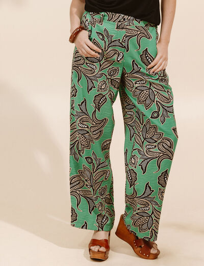 Pantalon large taille haute vert femme