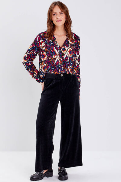 Pantalon large velours noir femme