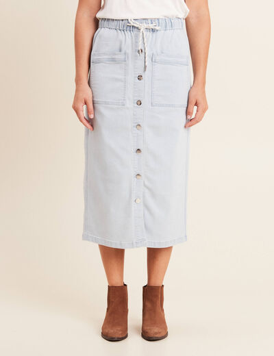 Jupe longue droite en jean denim bleach femme