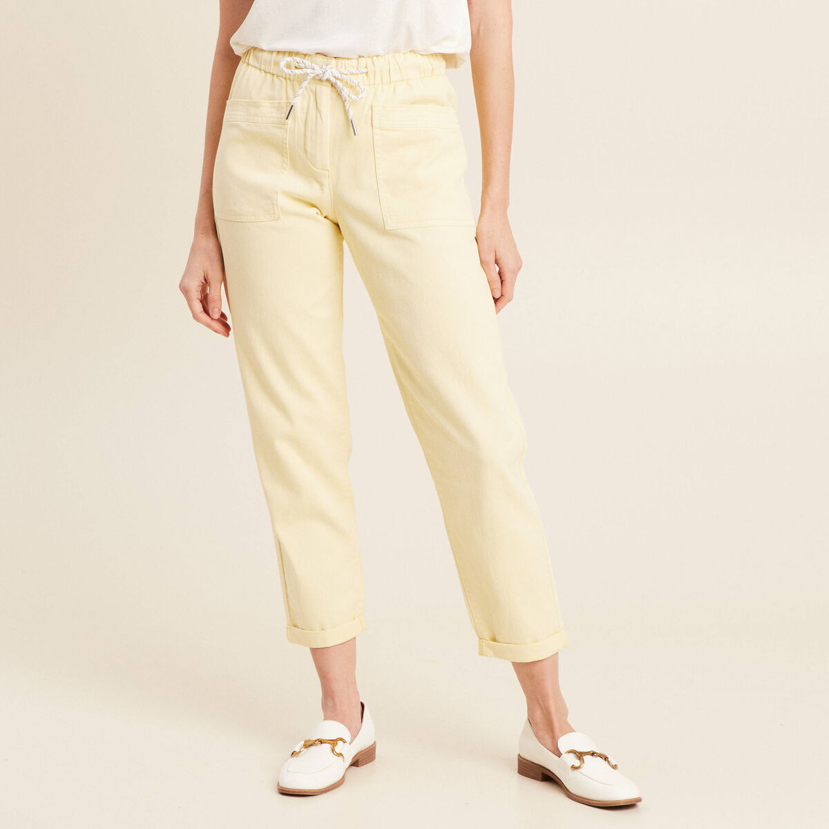 Jean large à coulisse jaune clair femme