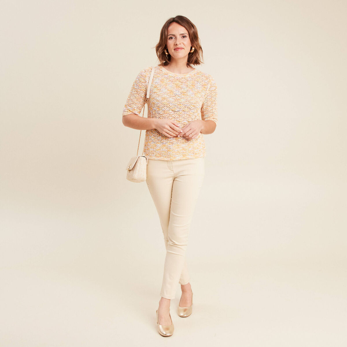 Pull manches courtes ajouré multicolore femme
