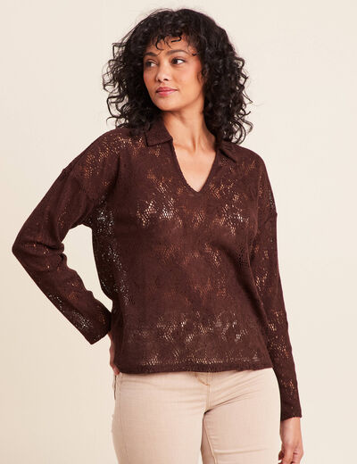 Polo manches 3/4 aspect dentelle marron fonc&eacute; femme