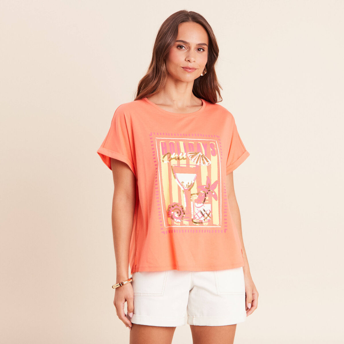 T-shirt col rond manches courtes sequins orange fluo femme