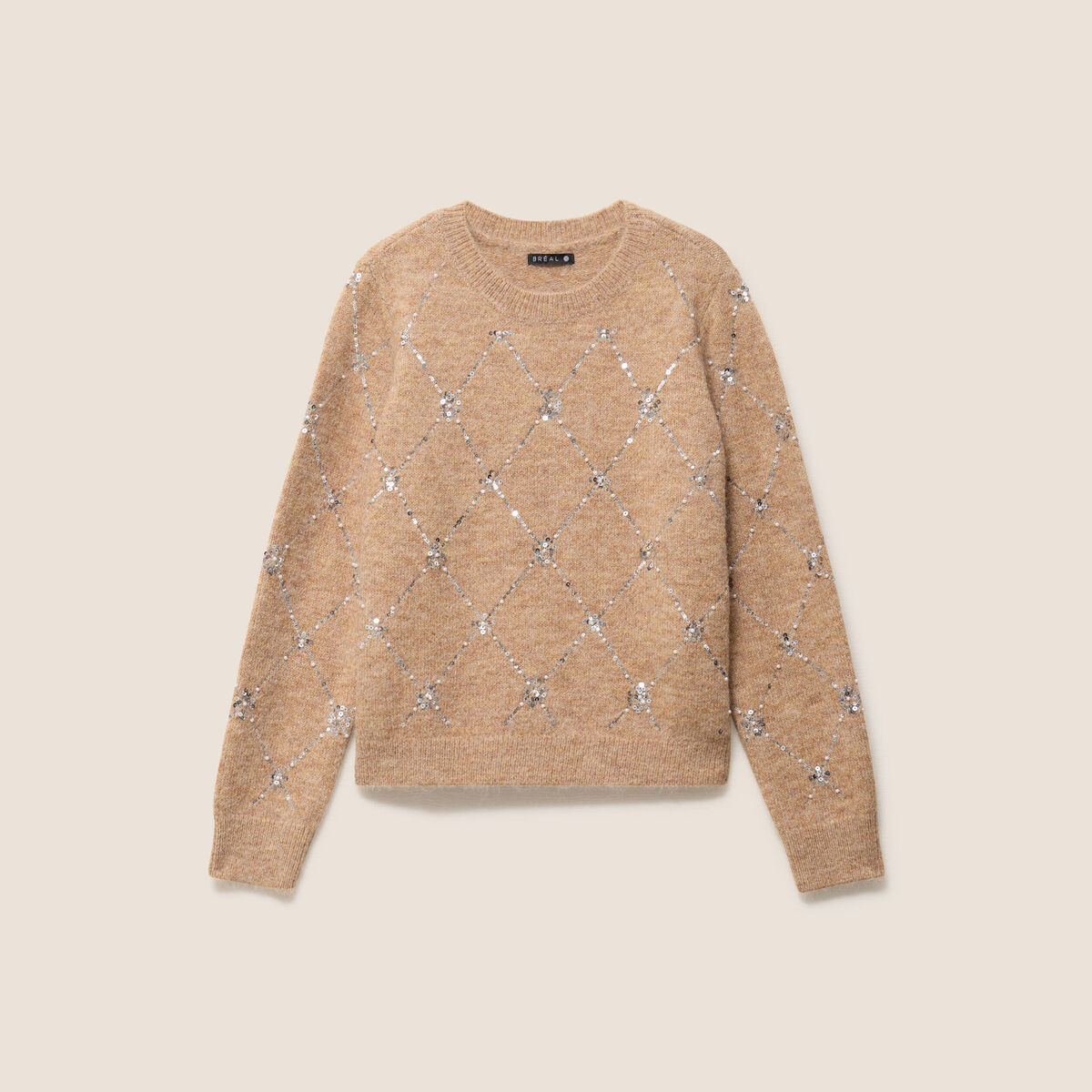 Pull col rond &agrave; sequins marron clair femme