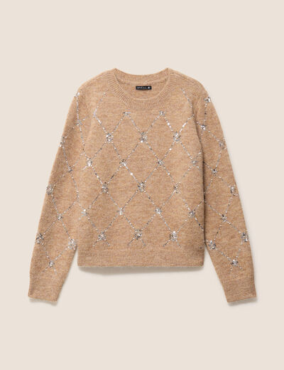 Pull col rond &agrave; sequins marron clair femme