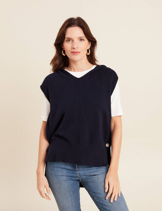 Pull sans manches &agrave; capuche bleu fonc&eacute; femme