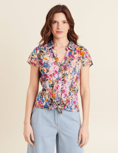 Chemise manches courtes nouée violet femme
