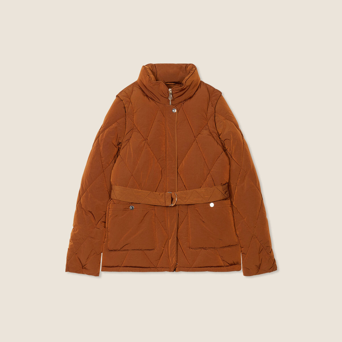 Doudoune d&eacute;perlante cintr&eacute;e ceintur&eacute;e marron femme
