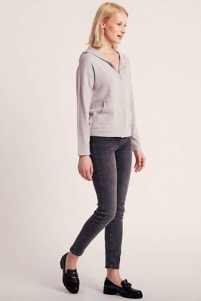 Gilet manches longues à capuche gris clair femme