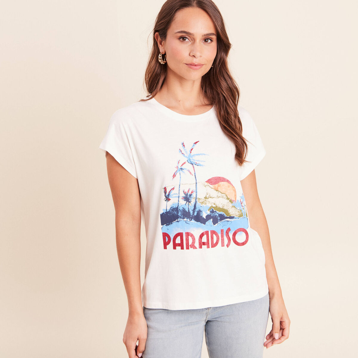 T-shirt col rond manches courtes ecru femme
