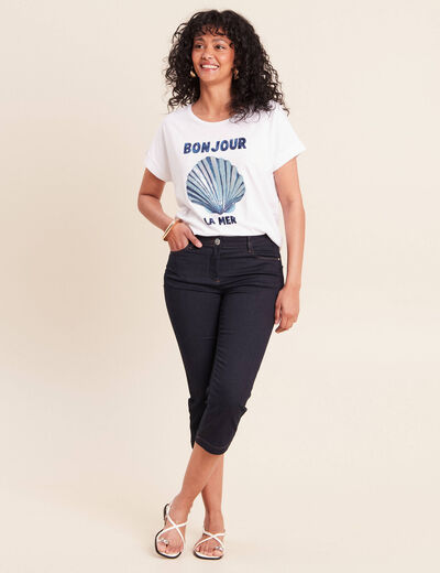 T-shirt col rond manches courtes brod&eacute; blanc femme