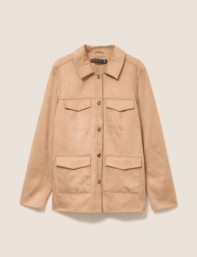 Veste droite longue aspect daim marron clair femme