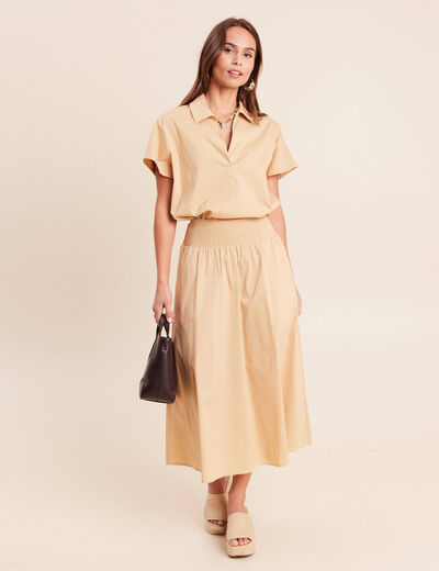 Blouse ample col chemise manches courtes beige femme