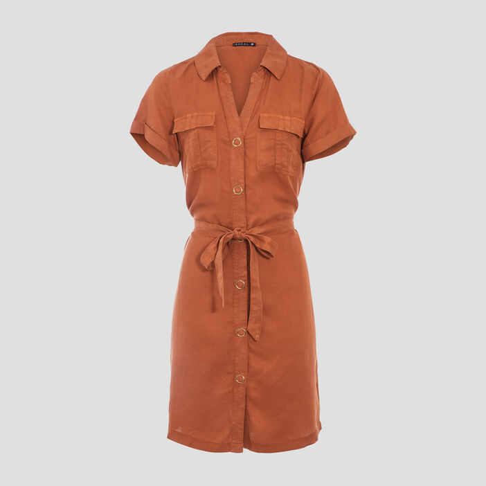 Robe droite ceinturée marron cognac femme